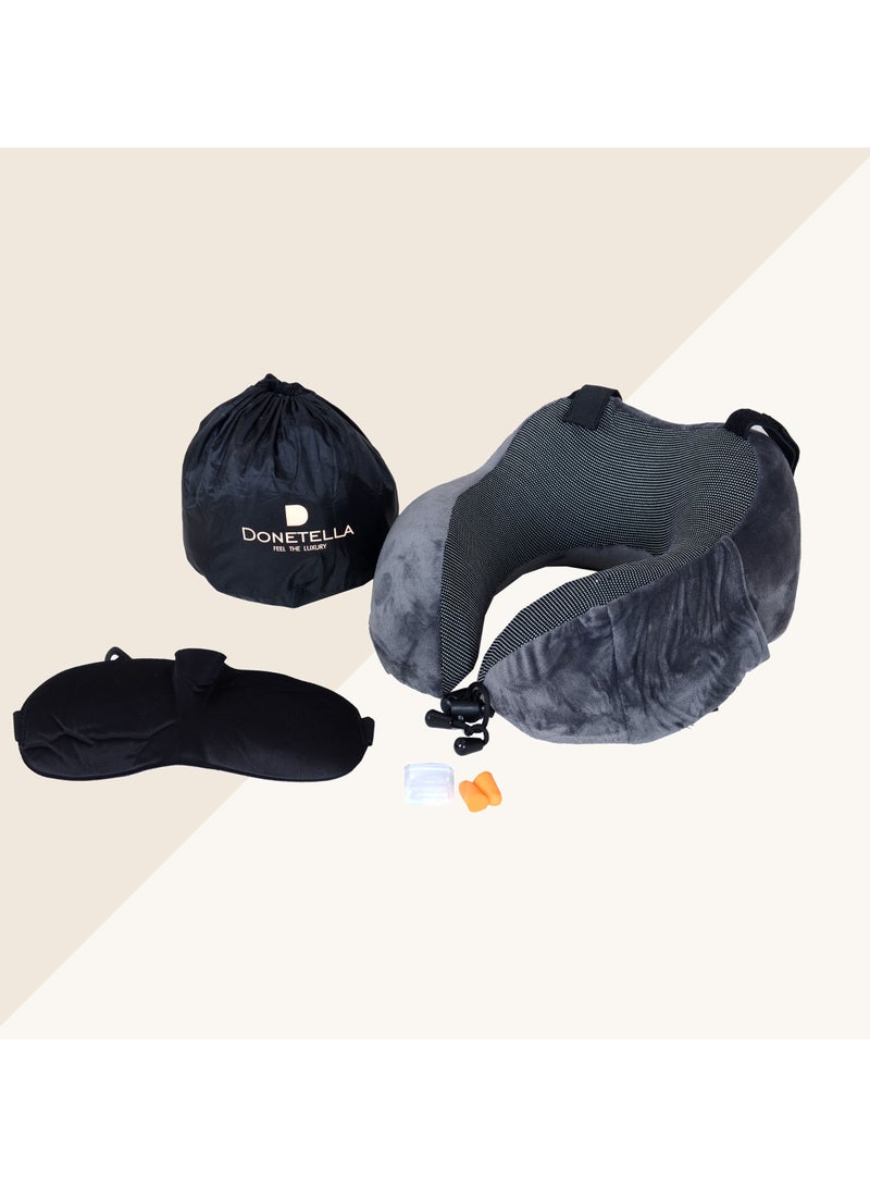 Donetella Luxury Memory Foam Travel Pillow, Dark Grey, Along With Ear Plugs And Eye Masks - Image 1