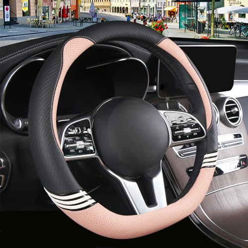 Binsheo Cute Steering Wheel Cover D Shape for Women Men Breathable Universal 15 inch,Black and Pink - Image 2