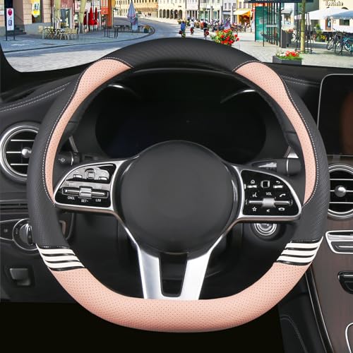 Binsheo Cute Steering Wheel Cover D Shape for Women Men Breathable Universal 15 inch,Black and Pink - Image 1