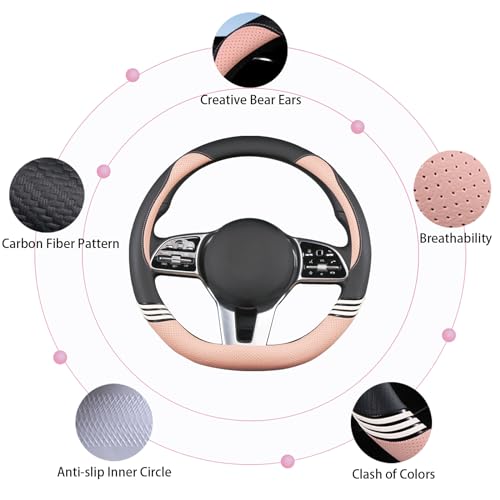 Binsheo Cute Steering Wheel Cover D Shape for Women Men Breathable Universal 15 inch,Black and Pink - Image 4