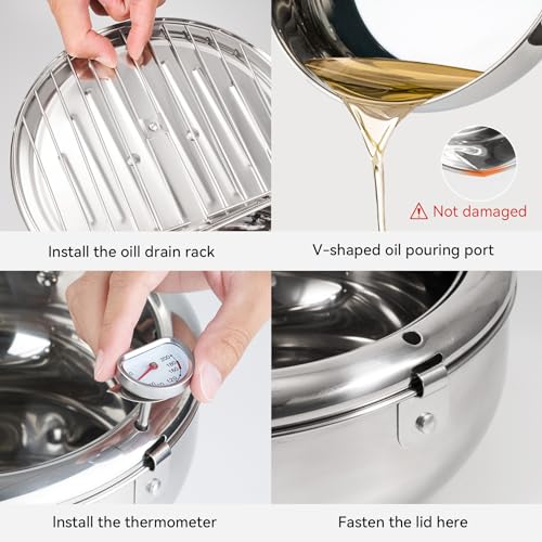 Kerilyn Deep Fryer Pot, 9.4 Inch/3.4 L Janpanese Style Tempura Frying Pot with Lid, 304 Stainless Steel with Temperature Control and Oil Drip Drainer Rack, for Kitchen French Fries, Chicken etc - Image 2