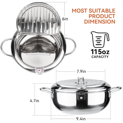 Kerilyn Deep Fryer Pot, 9.4 Inch/3.4 L Janpanese Style Tempura Frying Pot with Lid, 304 Stainless Steel with Temperature Control and Oil Drip Drainer Rack, for Kitchen French Fries, Chicken etc - Image 3