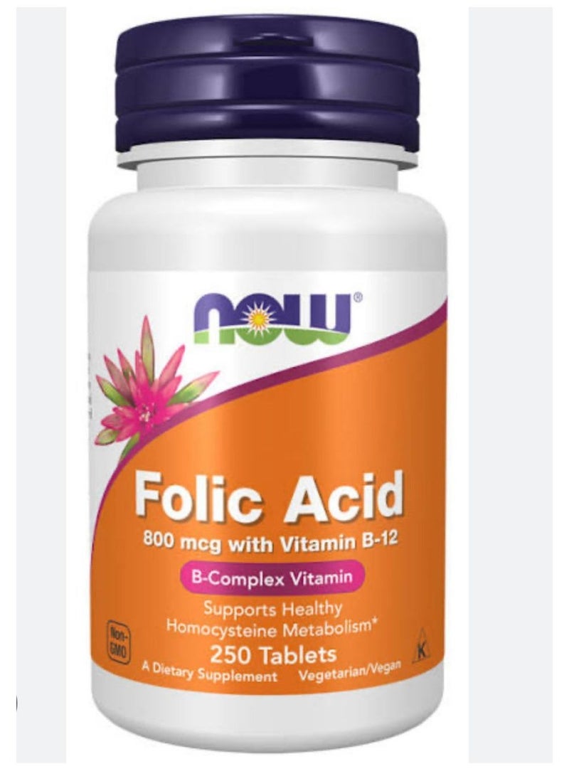 Now Folic Acid 800 mcg with Vitamin B12 Tablets, Pack of 250's