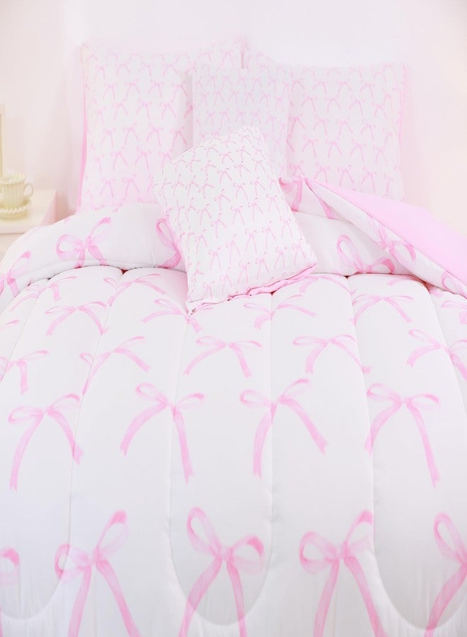 Man Fei 7 Pieces Cartoon Bowknot Kids Comforter Twin,Pink Bow Tie Butterfly Knot Princess Bedding Set,Watercolor Bow Patchwork Pink White（Comforter+Fitted+Flat Sheet+2 Pillowcases+2 Throw Pillow Covers） - Image 4