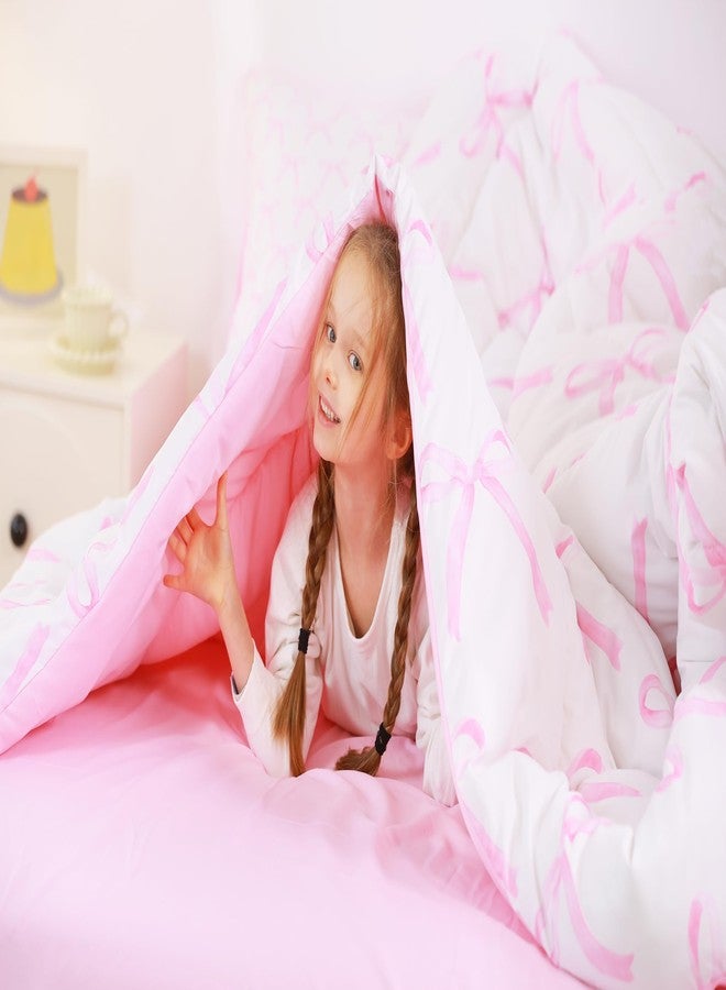 Man Fei 7 Pieces Cartoon Bowknot Kids Comforter Twin,Pink Bow Tie Butterfly Knot Princess Bedding Set,Watercolor Bow Patchwork Pink White（Comforter+Fitted+Flat Sheet+2 Pillowcases+2 Throw Pillow Covers） - Image 3