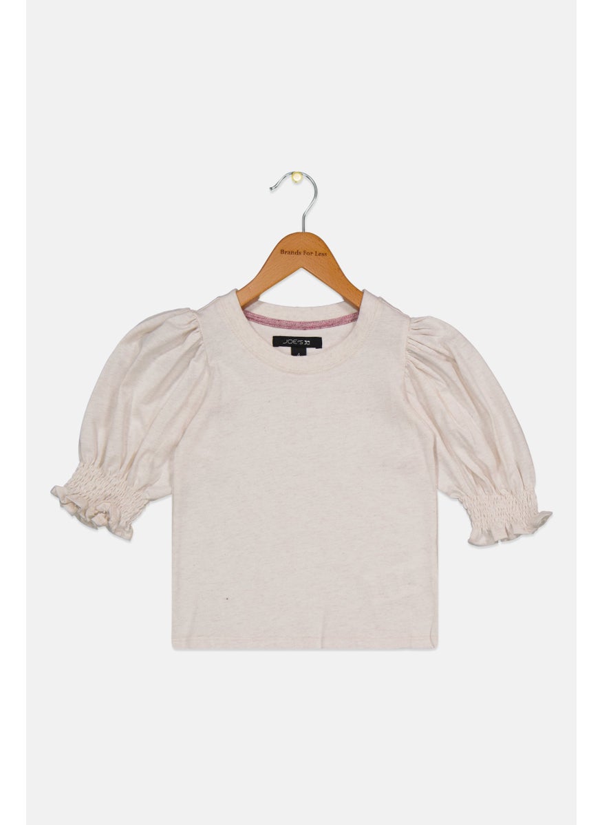 Joe's Toddlers Girl Crew Neck Puffed Sleeve Heather Top, Beige  - Image 1