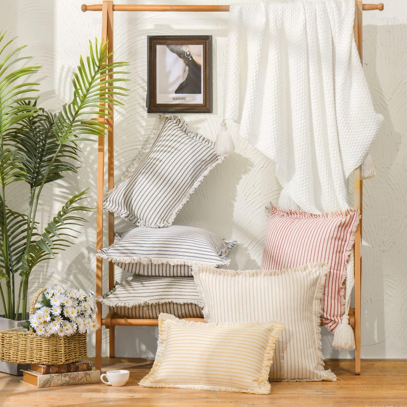 ZWJD Throw Pillow Covers 24x24 Set of 2 Striped Pillow Covers with Fringe Chic Cotton Decorative Pillows Square Cushion Covers for Sofa Couch Bed Living Room Farmhouse Decor, (Gray) - Image 3
