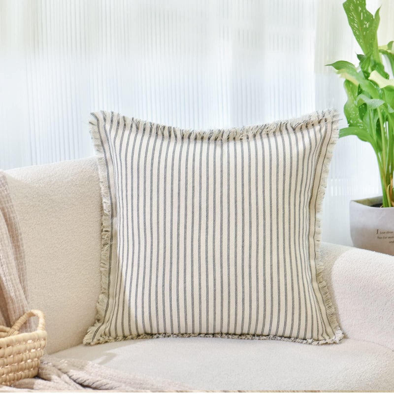 ZWJD Throw Pillow Covers 24x24 Set of 2 Striped Pillow Covers with Fringe Chic Cotton Decorative Pillows Square Cushion Covers for Sofa Couch Bed Living Room Farmhouse Decor, (Gray) - Image 2