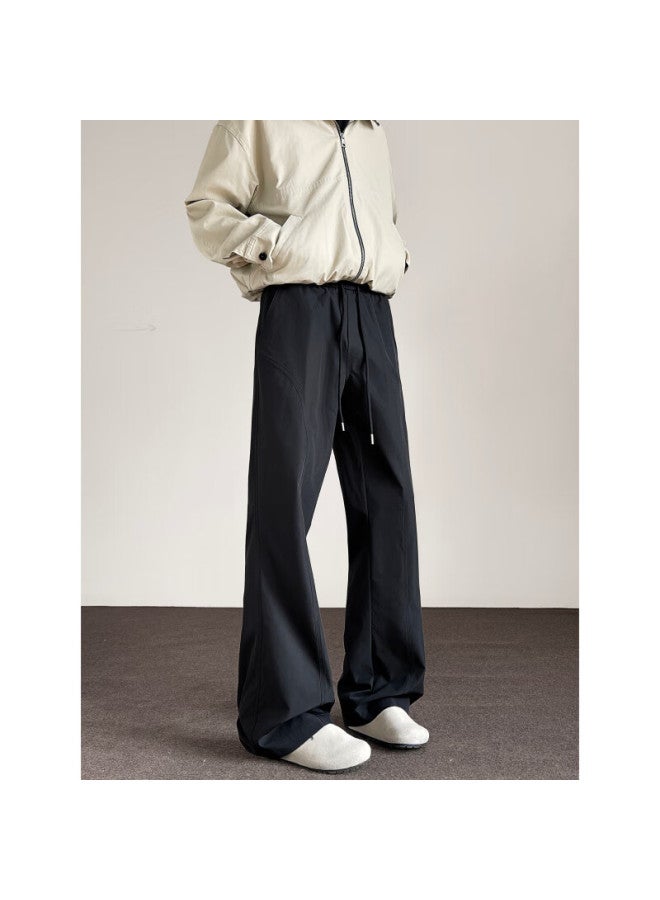 Poum American-style Draping Pants For Men, Spring And Autumn Loose-fit Quick-dry Simple Wide-leg Straight Trousers Hk24800 Black M - Image 2
