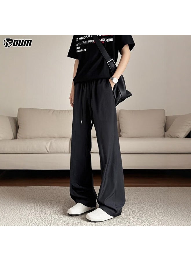 Poum American-style Draping Pants For Men, Spring And Autumn Loose-fit Quick-dry Simple Wide-leg Straight Trousers Hk24800 Black M - Image 1