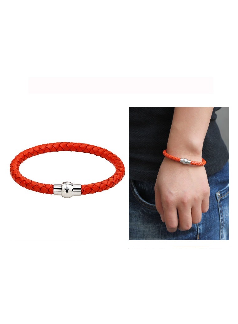 Orange Braided Leather Bracelet Genuine Leather Bangle Wristband with Magnetic Clasp Thin Mens Women - Image 5