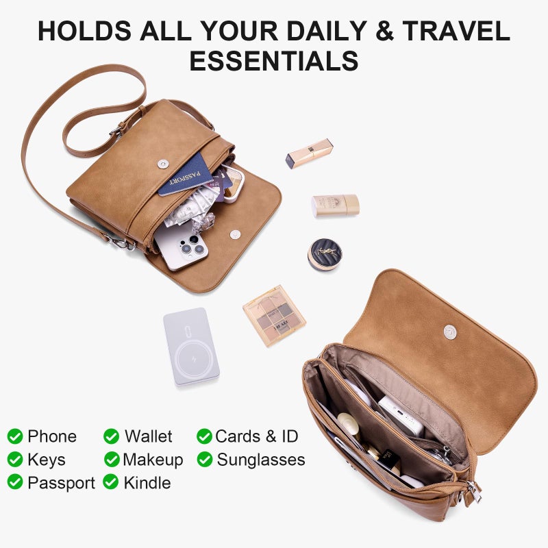 Lexiyat Crossbody Bags for Women Vegan Leather Travel Small Cell Phone Purse Rfid Shoulder Bag with 2 Straps Camelbrown - Image 3