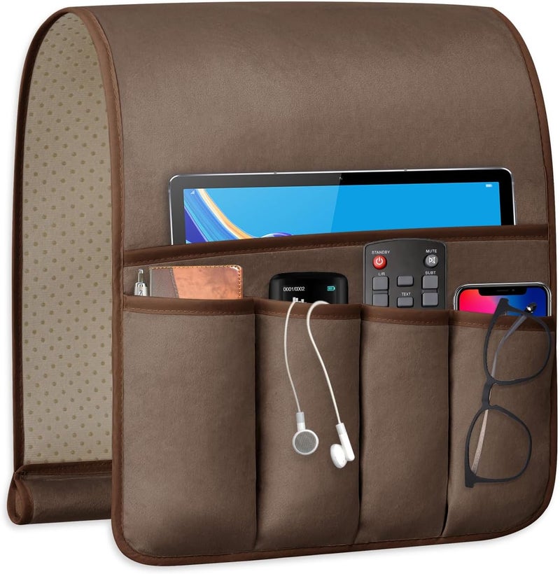 WETRBWEH Remote Control Holder for Armchair Caddy，Couch Caddy Organizer TV Remote Holder for Bed Storage 5 Pockets，Remote Caddy Bedside Organizer Bedside Table Organizer (Brown, 35"x12.4") Balanced universal design - Image 1