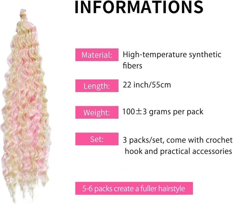 DSOAR Braiding Hair Deep Wave Synthetic Hair Wavy Curly Reflections for Braiding Ocean Wave Hair Bundles 22 Inch 3 Packs, 613/Pink - Image 2