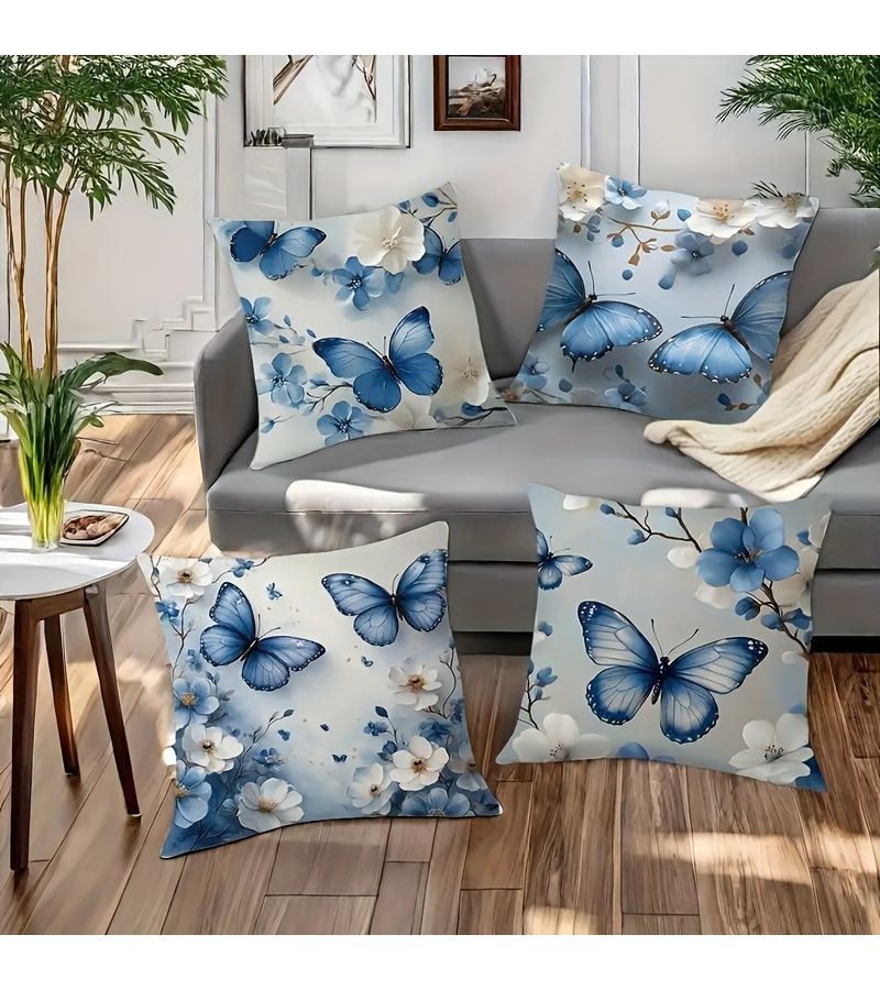 Modern Blue Butterfly White Flowers 17.7in Sofa Bedroom Pillow Case Set - Image 4
