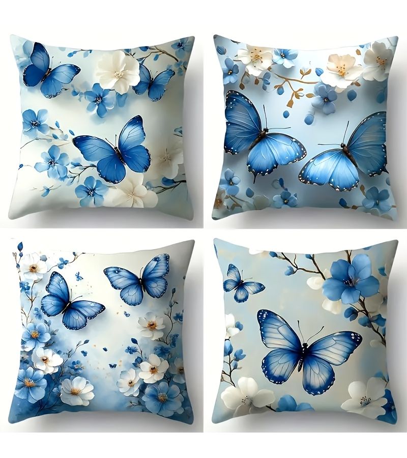Modern Blue Butterfly White Flowers 17.7in Sofa Bedroom Pillow Case Set - Image 3