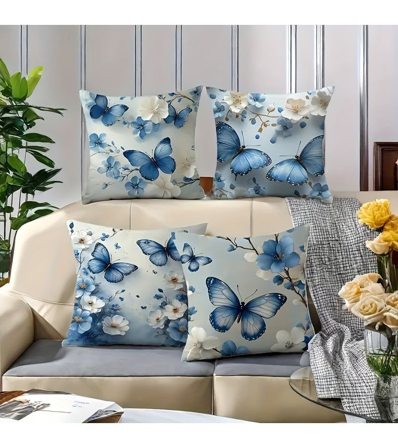 Modern Blue Butterfly White Flowers 17.7in Sofa Bedroom Pillow Case Set - Image 2
