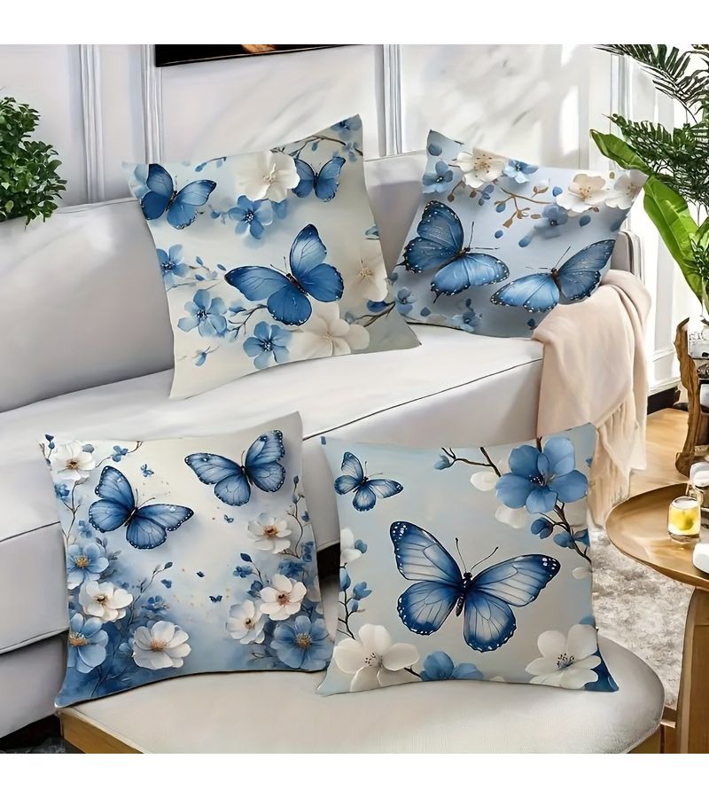 Modern Blue Butterfly White Flowers 17.7in Sofa Bedroom Pillow Case Set - Image 1