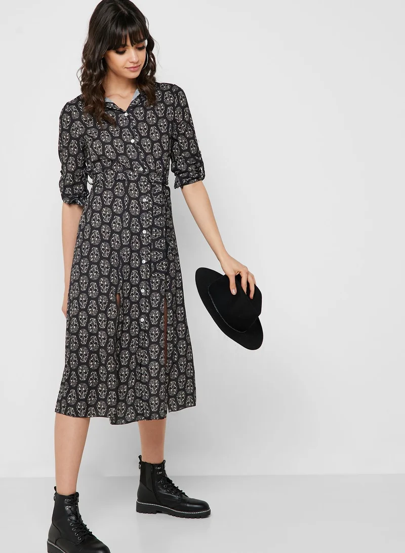 Ginger Skull Print Self Tie Shirt Midi Dress