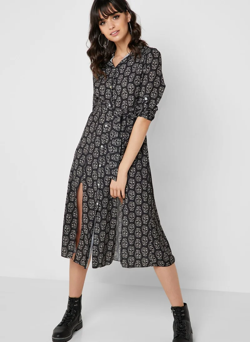 Ginger Skull Print Self Tie Shirt Midi Dress
