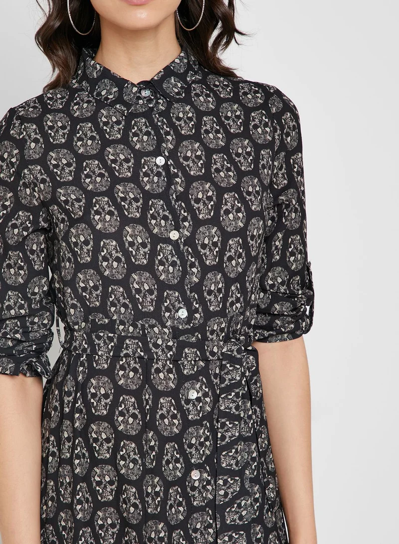 Ginger Skull Print Self Tie Shirt Midi Dress