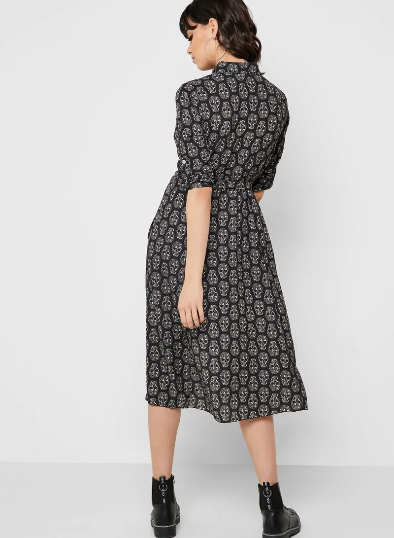 Ginger Skull Print Self Tie Shirt Midi Dress