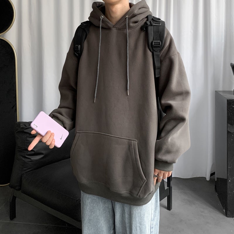 Mens Solid Color Sweater Spring and Autumn ins Hong Kong-style Hooded Jacket Loose Trendy All-match Autumn Clothes Hip-hop Dark gray