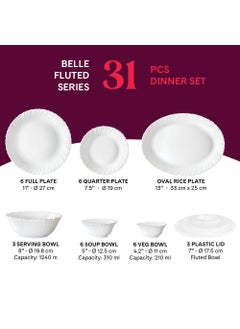 LARAH BY BOROSIL Larah by Borosil Belle Fluted Series Opalware Dinner Set | 31 Pieces for Family of 6 | Microwave & Dishwasher Safe | Bone-Ash Free | Crockery Set for Dining & Gifting | Plates & Bowls | White  - Image 2