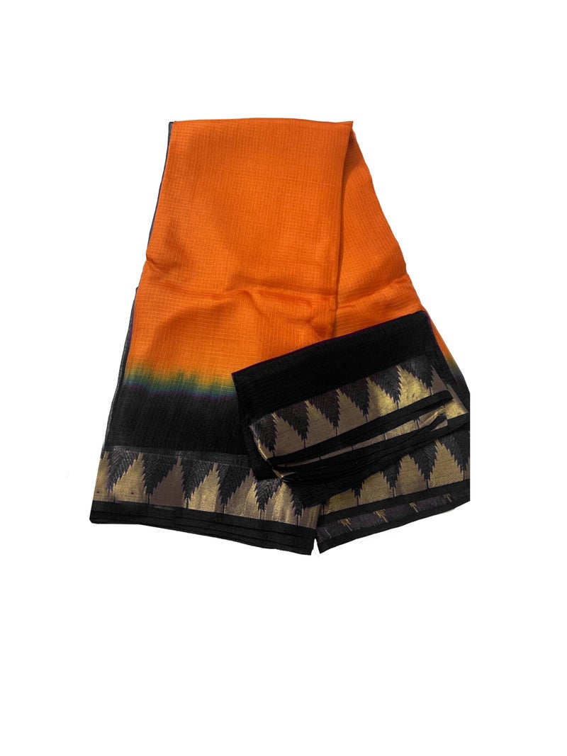 SheenKraft | Women's Bhagalpuri Pure Kota Doria Silk Net Saree With Temple Zari Border and Running Blouse Piece (Black-Cristy_Orange) - Image 1