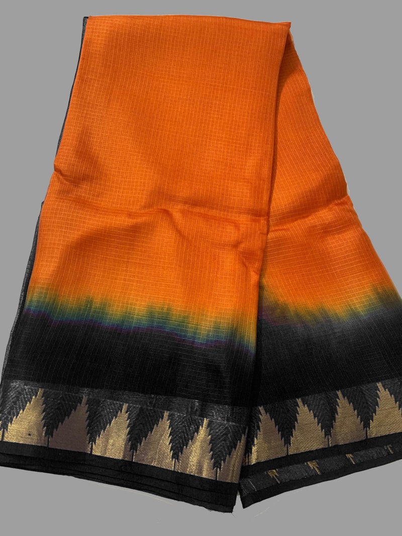 SheenKraft | Women's Bhagalpuri Pure Kota Doria Silk Net Saree With Temple Zari Border and Running Blouse Piece (Black-Cristy_Orange) - Image 2