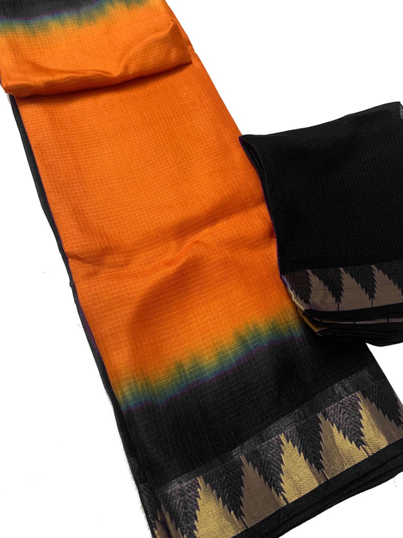 SheenKraft | Women's Bhagalpuri Pure Kota Doria Silk Net Saree With Temple Zari Border and Running Blouse Piece (Black-Cristy_Orange) - Image 3
