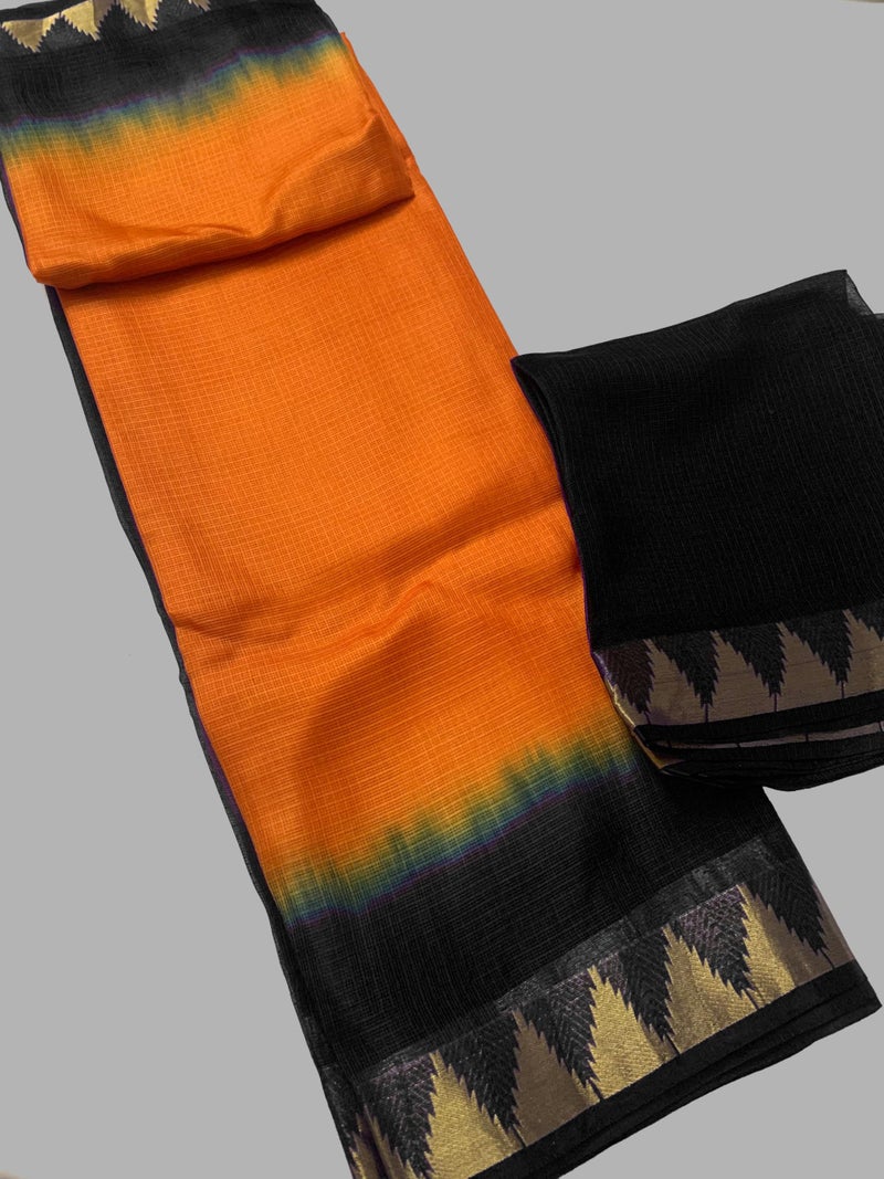 SheenKraft | Women's Bhagalpuri Pure Kota Doria Silk Net Saree With Temple Zari Border and Running Blouse Piece (Black-Cristy_Orange) - Image 4
