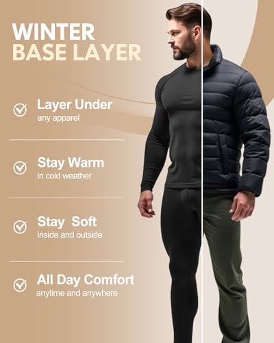 CL convallaria Mens Thermal Underwear Set Long Johns for Men Winter Hunting Gear Sport Base Layer Top and Bottom Midweight Black M Medium - Image 3