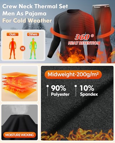 CL convallaria Mens Thermal Underwear Set Long Johns for Men Winter Hunting Gear Sport Base Layer Top and Bottom Midweight Black M Medium - Image 5