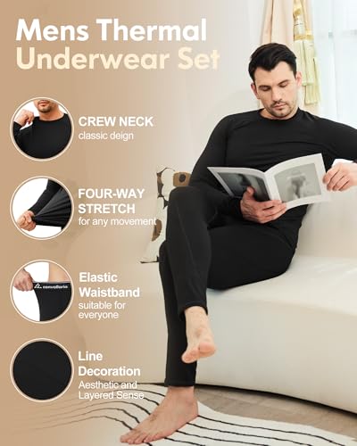 CL convallaria Mens Thermal Underwear Set Long Johns for Men Winter Hunting Gear Sport Base Layer Top and Bottom Midweight Black M Medium - Image 4