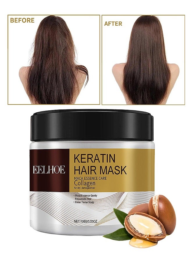 EELHOE Collagen Keratin Hair Mask For Damaged Hair, Repair For Dry Damaged Or Color Treated Hair, Argan Oil Protein Treatment, Intense Moisture And Hydration For Curly Or Straight Thin Fine Hair, 100ML - Image 1