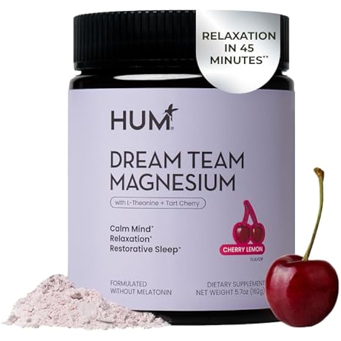Hum Nutrition Dream Team Magnesium Bisglycinate Powder, L Theanine & Tart Cherry Magnesium Supplement Drink Mix, Support Rest, Relaxation & Sleep Routine, Gluten Free, Vegan, Cherry Lemon, 30 Servings - Image 1