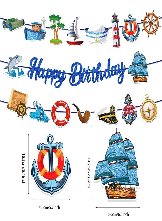BHNACIER Nautical Birthday Banners, Nautical Cruise Birthday Party Decorations Coastal Cruise Anchor Glittery Blue Sailor Ocean Pattern Garland Glitter Blue Happy Birthdays Banner for Sailor Theme Party Supplies - Image 2