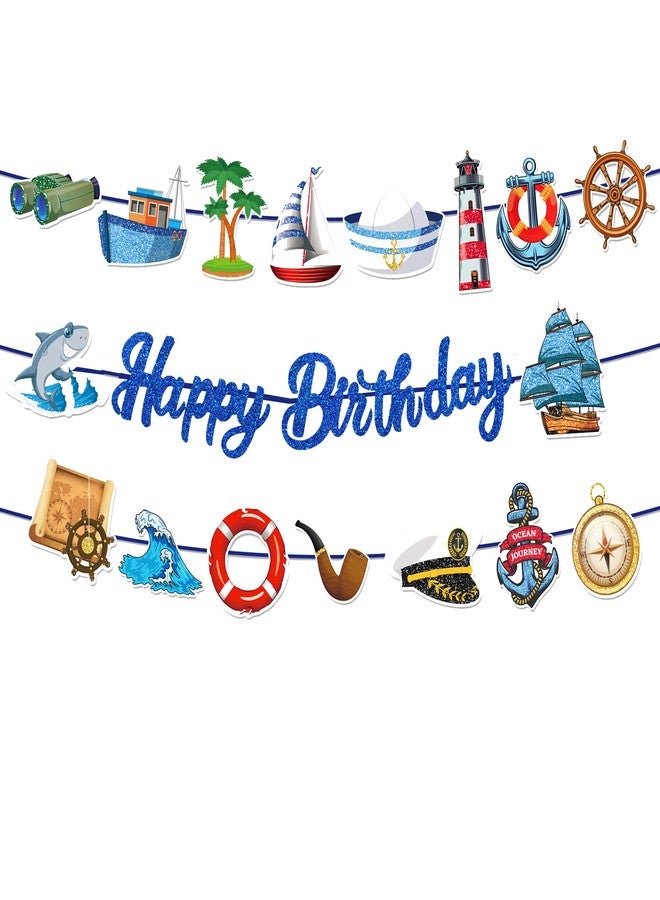 BHNACIER Nautical Birthday Banners, Nautical Cruise Birthday Party Decorations Coastal Cruise Anchor Glittery Blue Sailor Ocean Pattern Garland Glitter Blue Happy Birthdays Banner for Sailor Theme Party Supplies - Image 1