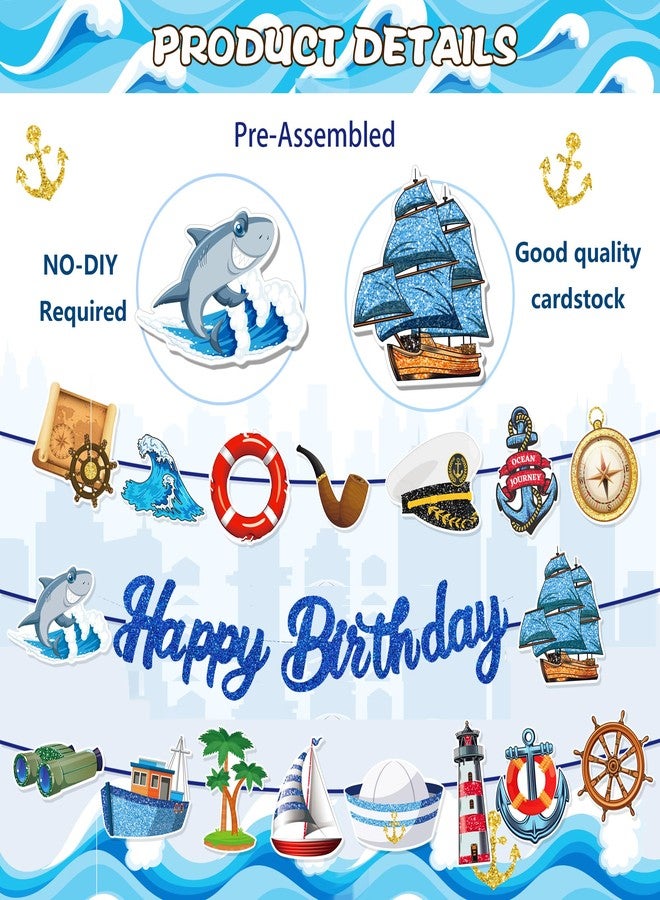 BHNACIER Nautical Birthday Banners, Nautical Cruise Birthday Party Decorations Coastal Cruise Anchor Glittery Blue Sailor Ocean Pattern Garland Glitter Blue Happy Birthdays Banner for Sailor Theme Party Supplies - Image 3
