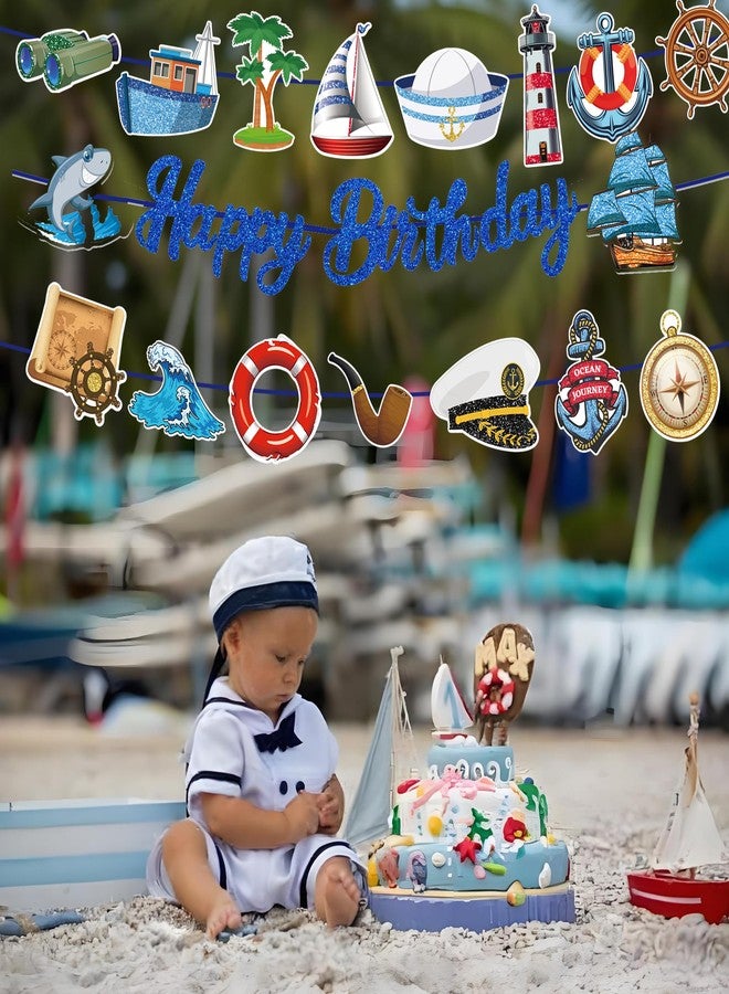 BHNACIER Nautical Birthday Banners, Nautical Cruise Birthday Party Decorations Coastal Cruise Anchor Glittery Blue Sailor Ocean Pattern Garland Glitter Blue Happy Birthdays Banner for Sailor Theme Party Supplies - Image 5