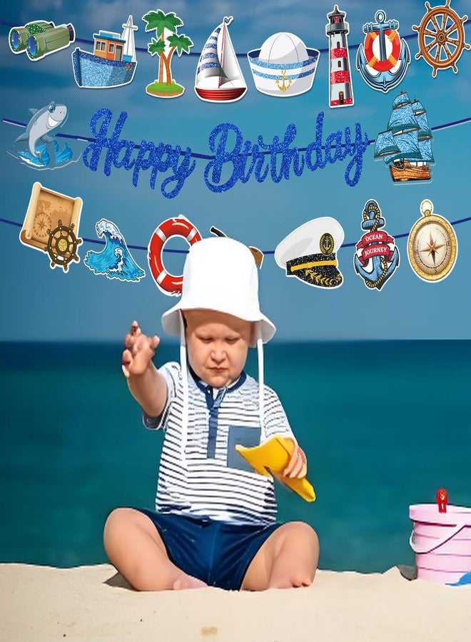 BHNACIER Nautical Birthday Banners, Nautical Cruise Birthday Party Decorations Coastal Cruise Anchor Glittery Blue Sailor Ocean Pattern Garland Glitter Blue Happy Birthdays Banner for Sailor Theme Party Supplies - Image 4