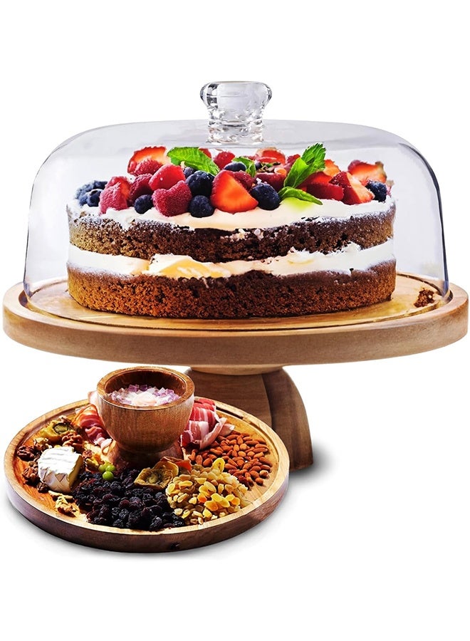 TodyJeyHo Cake Stand with Acrylic Dome Lid 2-in-1 Multifunctional Round Shatterproof Dessert Table Display Set with Acacia Wood Serving Platter, Veggie Tray, Fruit Bowl, Donut Stand, Nachos Plate - Image 1