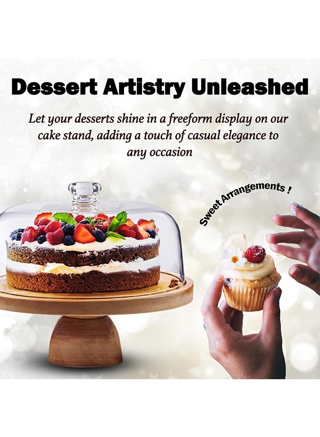 TodyJeyHo Cake Stand with Acrylic Dome Lid 2-in-1 Multifunctional Round Shatterproof Dessert Table Display Set with Acacia Wood Serving Platter, Veggie Tray, Fruit Bowl, Donut Stand, Nachos Plate - Image 3