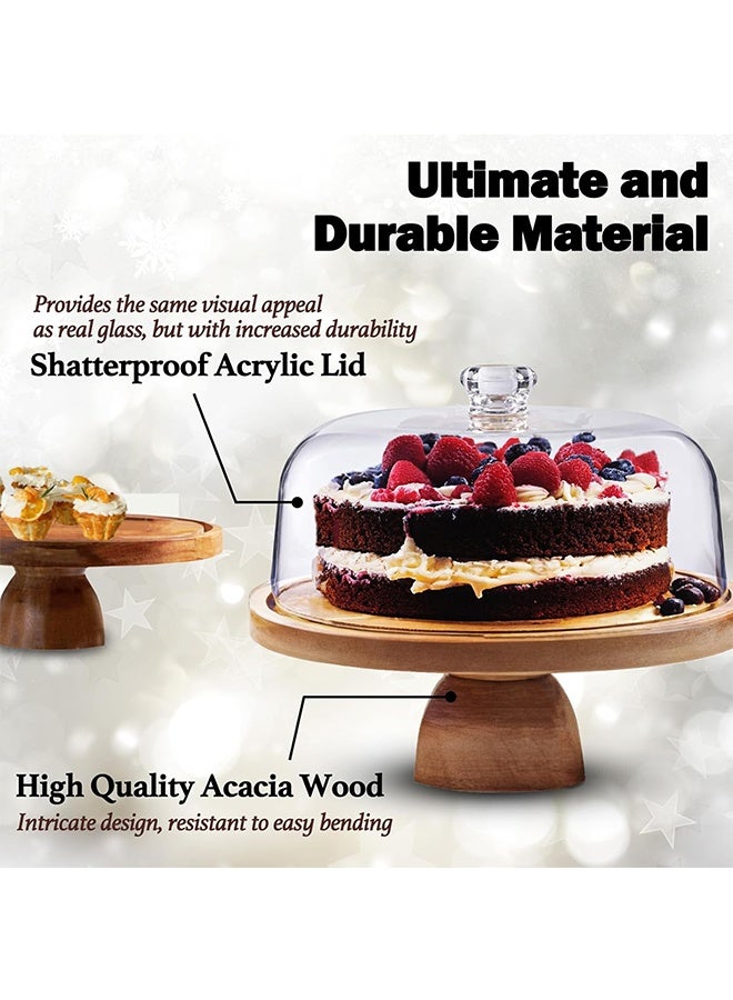 TodyJeyHo Cake Stand with Acrylic Dome Lid 2-in-1 Multifunctional Round Shatterproof Dessert Table Display Set with Acacia Wood Serving Platter, Veggie Tray, Fruit Bowl, Donut Stand, Nachos Plate - Image 4