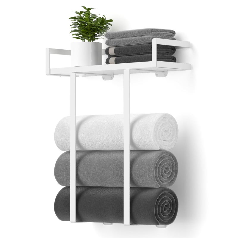 Xstydes Towel Racks for Bathroom Wall Mounted, Metal Towel Holder with Wooden Shelf for Folding Large Towels, Towel Storage for Small Bathroom Organizer Decor or RV Camping,White - Image 1