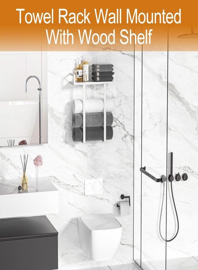 Xstydes Towel Racks for Bathroom Wall Mounted, Metal Towel Holder with Wooden Shelf for Folding Large Towels, Towel Storage for Small Bathroom Organizer Decor or RV Camping,White - Image 3