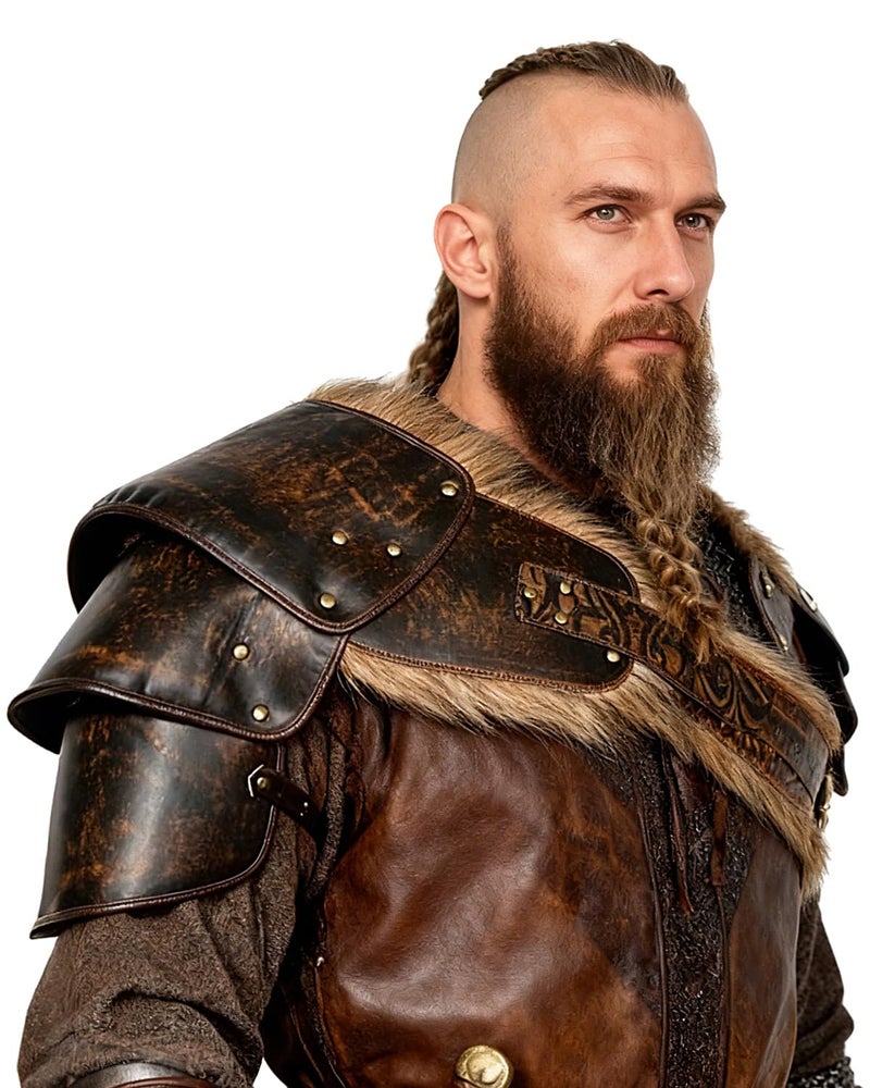 L'VOW Viking Fur Shoulder Armor Men's Medieval Leather Chest Armor for Halloween Warrior LARP Cosplay, Brown - Image 1