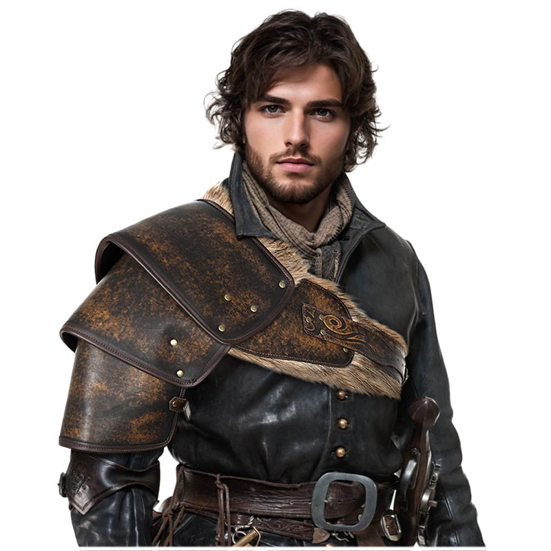 L'VOW Viking Fur Shoulder Armor Men's Medieval Leather Chest Armor for Halloween Warrior LARP Cosplay, Brown - Image 2