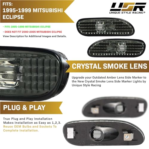 USR UNIQUE STYLE RACING USR 95-99 Eclipse Smoke Lens Bumper Side Marker Light - Lamp Assembly (Left + Right) Compatible with 1995-1999 Mitsubishi Eclipse including Spyder - Image 4